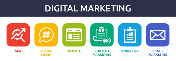 Digital marketing icon collection. Containing SEO, social media, website, content marketing, analytics and e-mail marketing icon.