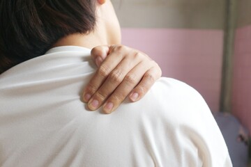 women neck and shoulder pain injury, healthcare and medical concept.