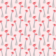 Flowers in a glass vase on a pink background. Seamless pattern, vector illustration. For use in fabrics, textiles, shops, covers and prints, packaging, flyers and invitations.