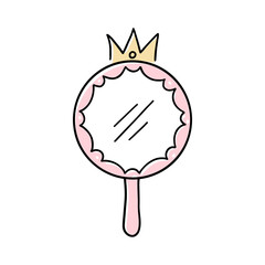 Princess crown hand mirror. Hand drawn doodle mirror with crown for baby princess decorate border. Vector illustration.