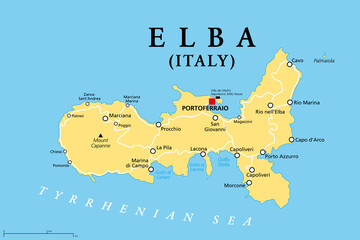 Elba, political map, Mediterranean island in Tuscany, Italy, with capital Portoferraio. Located in the Tyrrhenian Sea and largest island in the Tuscan Archipelago. Site of the first exile of Napoleon.