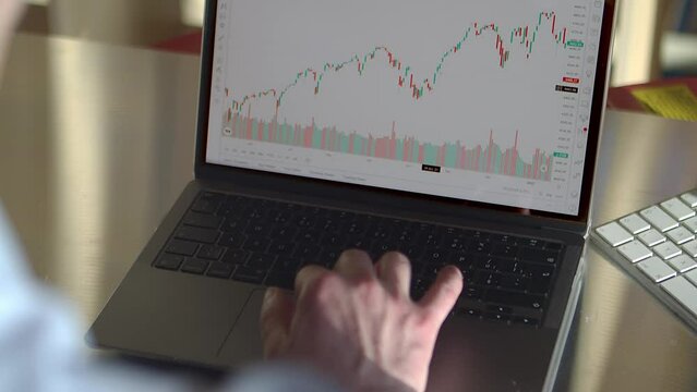Bar price chart on laptop screen, male reader back view, stock or cryptocurrency trading, closeup view