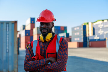 Portrait of a smiling container worker or foreman wearing a red hard hat and folded arms over a blurred container background.