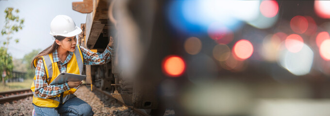 Railway engineer asian woman work on the job site check train wheels, double exposure with bokeh,...