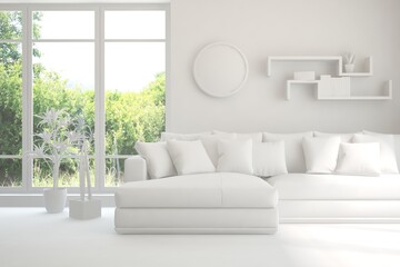 Mock up of stylish room in white color with sofa and green landscape in window. Scandinavian interior design. 3D illustration