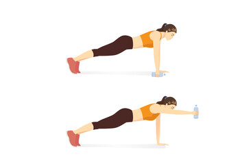 Woman use dumbbells from Plastic Water Bottle for exercise with dumbbell Plank Front Raise posture for the Abdominal and arm. Quick and easy exercise with equipment at home.