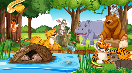 Wild animals cartoon characters in the forest scene