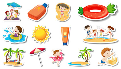 Set of summer beach items and children