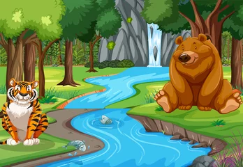 Wild animals cartoon characters in the forest scene © blueringmedia