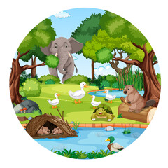 Forest in round shape with wild animals