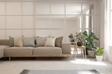 White living room with sofa. Scandinavian interior design. 3D illustration