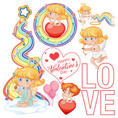 Fototapeta na wymiar Valentine theme with cupid and rainbow