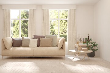 White living room with sofa and summer landscape in window. Scandinavian interior design. 3D illustration