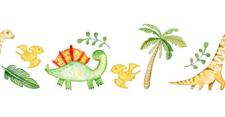 Seamless Border Ornament Dinosaurs Palm Trees Pterodacteli Diplodocus Saurolophus Cute Children's Watercolor Charming Cartoon Characters © Lena