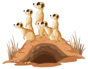 Group of meerkats with burrow in cartoon style © blueringmedia