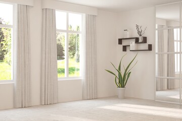 White empty room with summer landscape in window. Scandinavian interior design. 3D illustration
