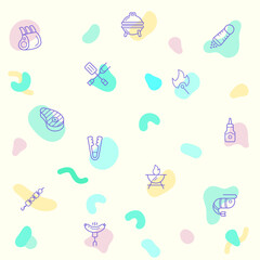 pattern on the theme barbecue, Grill, basil, BBQ, picnic, camping, meat, steak, food, sausages, beef and more. simple color icons on beige background.