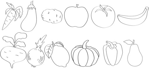 Cartoon vegetables and fruits isolated on white background