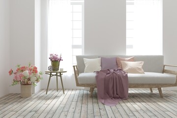 White living room with sofa. Scandinavian interior design. 3D illustration