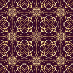 Seamless ornamental royal surface pattern in golden color with maroon background. Use for fashion design, clothing, fabrics, home decoration, bedding, wallpapers, invitations and greeting cards