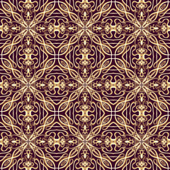 Seamless ornamental royal surface pattern in golden color with maroon background. Use for fashion design, clothing, fabrics, home decoration, bedding, wallpapers, invitations and greeting cards