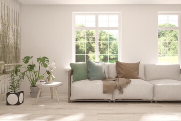 Minimalist living room in white color with sofa and summer landscape in window. Scandinavian interior design. 3D illustration