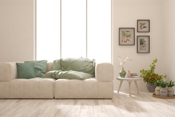 White living room with sofa. Scandinavian interior design. 3D illustration