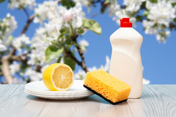 Bottles of dishwashing liquid, sponge, plates and lemon.