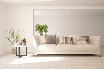 White living room with sofa. Scandinavian interior design. 3D illustration