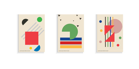 Bauhaus trendy background set. Vector abstract circle, triangle and square line art.