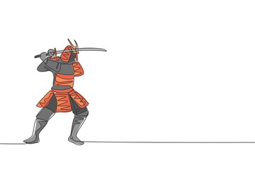 Fototapeta premium Single continuous line drawing of young strong samurai shogun wearing traditional uniform holding sword at festival. Ancient fighter soldier concept. Trendy one line draw design vector illustration