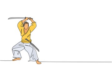 Fototapeta premium Single continuous line drawing of young strong samurai warrior wearing traditional uniform holding sword at festival. Ancient fighter soldier concept. Trendy one line draw design vector illustration