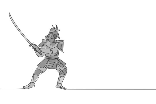 recommend clip art: Single continuous line drawing of young strong samurai shogun wearing traditional uniform holding sword at festival. Ancient fighter soldier concept. Trendy one line draw design vector illustration