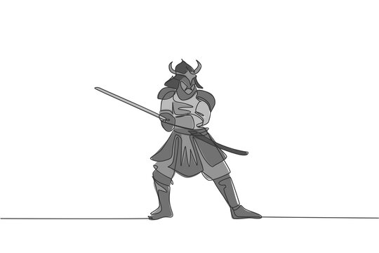 recommend clip art: One continuous line drawing of young bravery samurai shogun wearing mask ready to attack at training session. Martial art combative sport concept. Dynamic single line draw design vector illustration