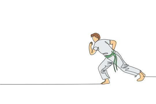 One continuous line drawing of young sporty Brazilian fighter man training capoeira on the beach. Healthy traditional fighting sport concept. Dynamic single line draw design vector illustration