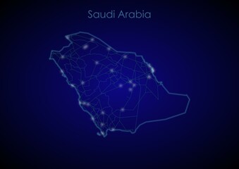 Saudi Arabia concept map with glowing cities and network covering the country, map of Saudi Arabia suitable for technology or innovation or internet concepts.