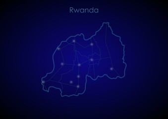 Fototapeta premium Rwanda concept map with glowing cities and network covering the country, map of Rwanda suitable for technology or innovation or internet concepts.