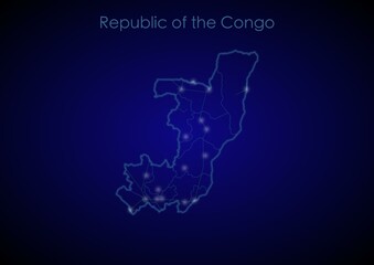 Republic of the Congo concept map with glowing cities and network covering the country, map of Republic of the Congo suitable for technology or innovation or internet concepts.