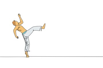 One continuous line drawing of young sporty Brazilian fighter man training capoeira on the beach. Healthy traditional fighting sport concept. Dynamic single line draw design vector illustration