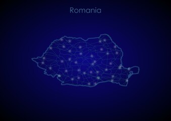 Romania concept map with glowing cities and network covering the country, map of Romania suitable for technology or innovation or internet concepts.