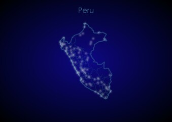 Peru concept map with glowing cities and network covering the country, map of Peru suitable for technology or innovation or internet concepts.