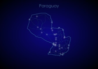 Paraguay concept map with glowing cities and network covering the country, map of Paraguay suitable for technology or innovation or internet concepts.