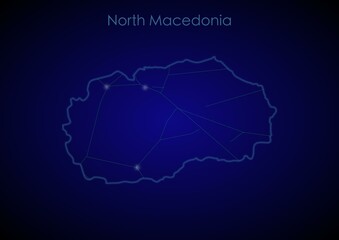 North Macedonia concept map with glowing cities and network covering the country, map of North Macedonia suitable for technology or innovation or internet concepts.