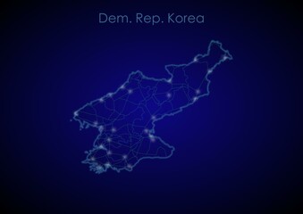 Obraz premium Dem. Rep. Korea concept map with glowing cities and network covering the country, map of Dem. Rep. Korea suitable for technology or innovation or internet concepts.