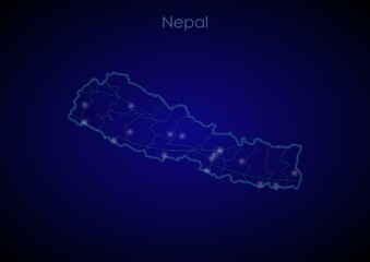 Nepal concept map with glowing cities and network covering the country, map of Nepal suitable for technology or innovation or internet concepts.