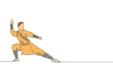 Fototapeta premium One single line drawing young energetic shaolin monk man exercise kung fu fighting at temple vector graphic illustration. Ancient Chinese martial art sport concept. Modern continuous line draw design