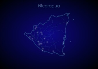 Nicaragua concept map with glowing cities and network covering the country, map of Nicaragua suitable for technology or innovation or internet concepts.