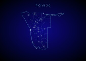 Namibia concept map with glowing cities and network covering the country, map of Namibia suitable for technology or innovation or internet concepts.