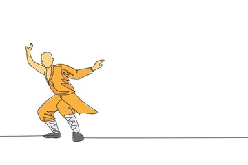 Fototapeta na wymiar Single continuous line drawing young muscular shaolin monk man train martial art at shaolin temple. Traditional Chinese kung fu fight concept. Trendy one line draw design graphic vector illustration