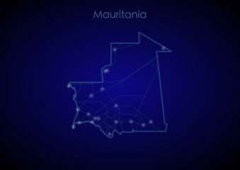 Mauritania concept map with glowing cities and network covering the country, map of Mauritania suitable for technology or innovation or internet concepts.